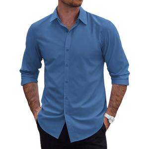 COOFANDY Mens 2-in-1 Dress Shirts Detachable Collar Long Sleeve Wrinkle Free Shirt Business Casual Button Down Shirt (XX-Large, Navy Blue)