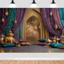 7x5ft Arabian Moroccan Nights Party Photography Backdrop, Moroccan Nights Purple Blue Curtain Lamp Luxurious Princess Wedding Birthday Baby Shower Party Background Decorations Photo Studio Props,2