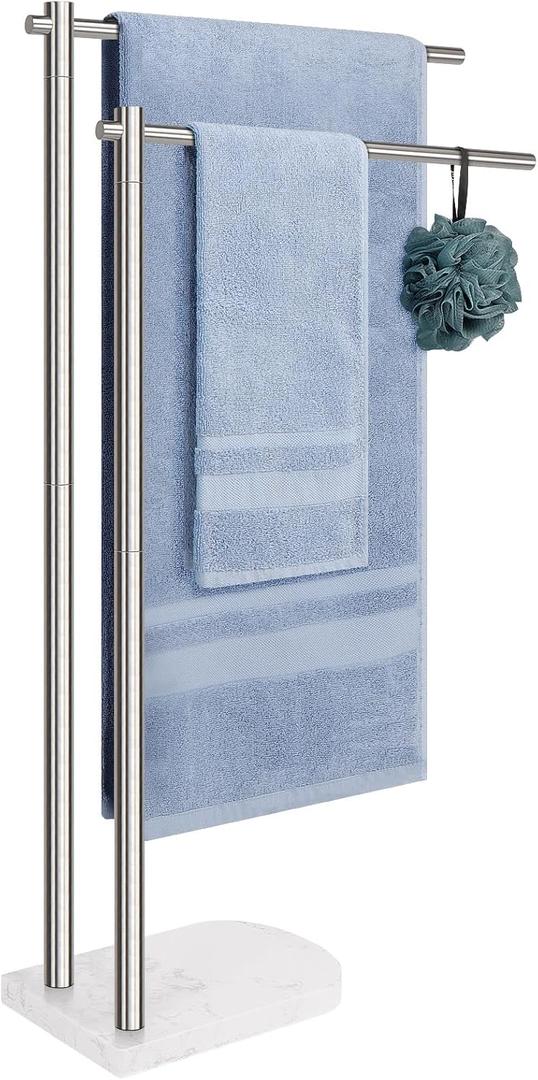 Standing Towel Rack, 304 Stainless Steel 2-Tier Towel Holder Stand with Marble Base, Modern Stylish Tall Shower Towel Bar for Bathroom Accessories, Pool（Brushed Nickel）