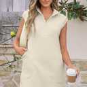 AlvaQ Womens Summer Dresses 2025 Casual Sleeveless Half Zip V Neck Tunic Sweatshirt Mini Dress with Pockets (Beige, M)