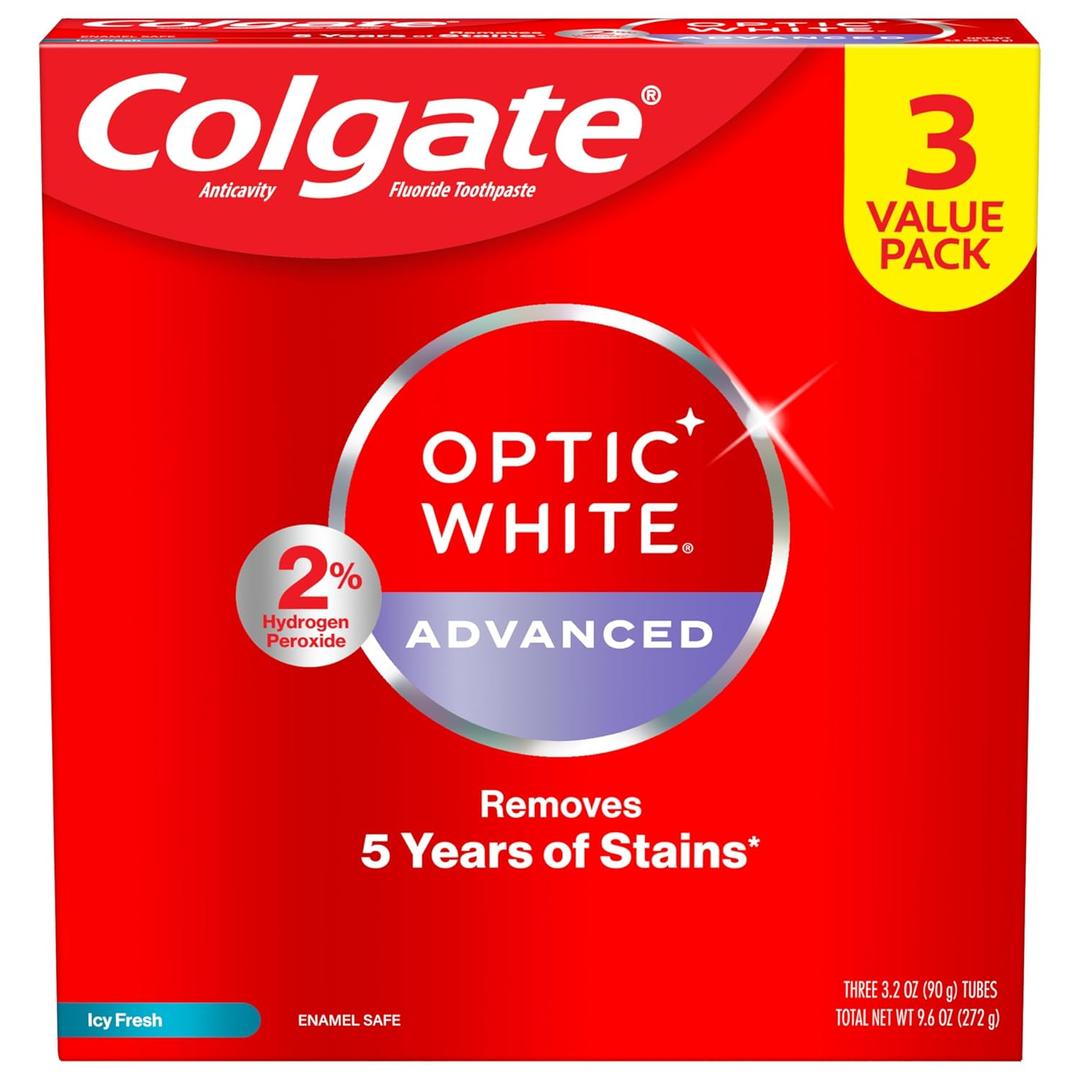 Colgate Optic White Advanced Hydrogen Peroxide Toothpaste Pack, Teeth Whitening Toothpaste, Enamel-Safe Hydrogen Peroxide Formula, Helps Remove Tea, Coffee, and Wine Stains, Icy Fresh, 3 Pack, 3.2 oz (9.6 Ounce (Pack of 1))