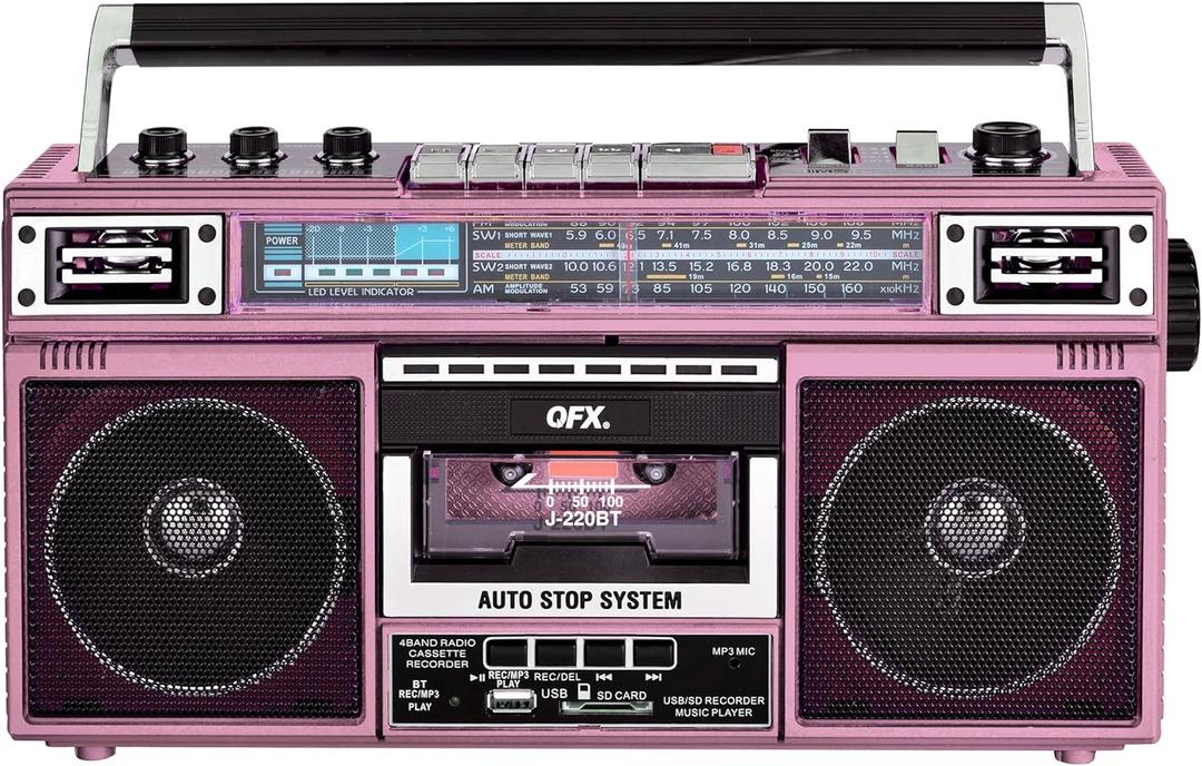 QFX J-220BT Pink Boombox MP3 Conversion from Radio to Cassette with 4-Band (AM, FM, SW1, SW2) Radio with Bluetooth, Dual 3" Speakers, Built-in Microphone, Recorder, 3-Band Equalizer