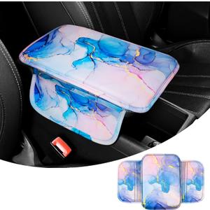 Upgraded Universal Car Center Console Cover, Microfiber Leather Armrest Cover with Storage Bags, Car Armrest Cushion, Comfortable and Durable Interior Accessory for Most Vehicles, Colorful Marble