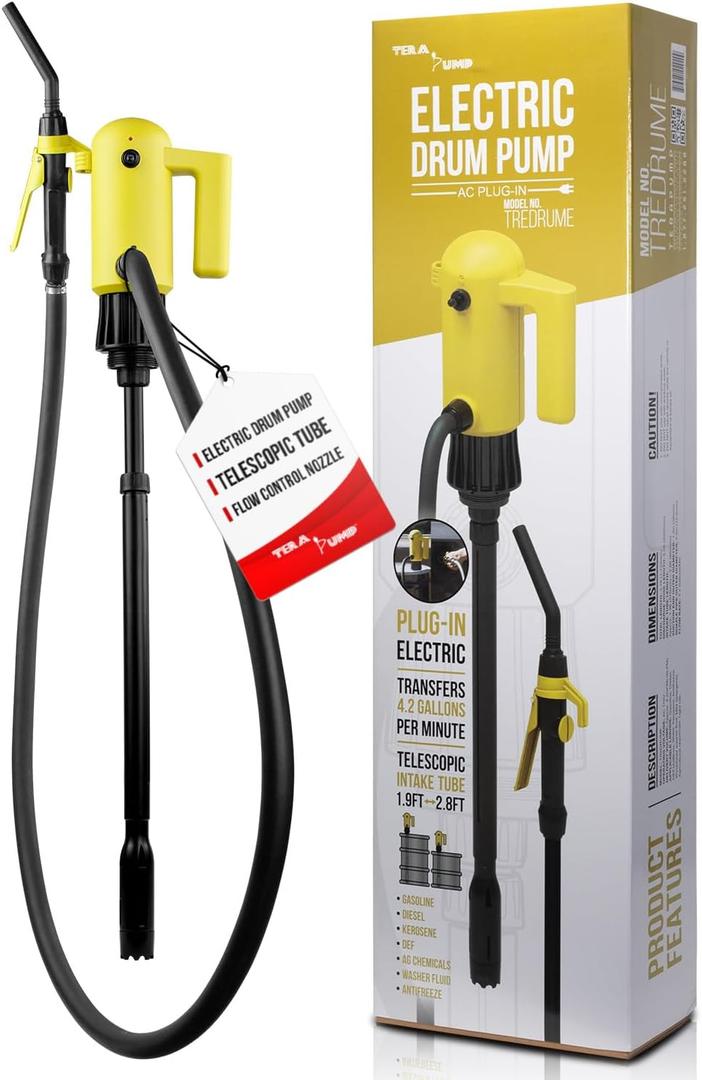 TERA PUMP 55 Gallon Drum Liquid Transfer Pump, Plug In Electric Compatible | 4.2 GPM, Telescopic (22.6-34 inch), For Diesel Gasoline Kerosene DEF Adblue Antifreeze Windshield (Washer Fluid) Detergent, Yellow-black