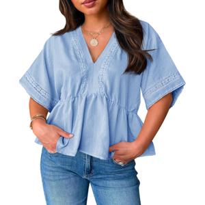 Womens Plus Size Babydoll Tops Cute Summer Eyelet V Neck Short Sleeve Blouses Cropped Lace Ruffle Boho Shirts (2XL)