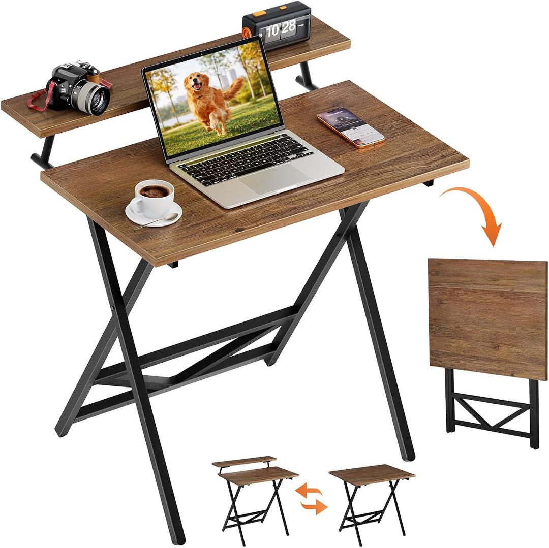 WOHOMO Folding Computer Desk with Adjustable Height, 23.6" x 31.5" x 25.6" Foldable Table with Monitor Stand, Small Office Desk for Bedroom, Space Saving Desk for Home Office, Easy Assemble, Walnut, 23.62"x31.5"