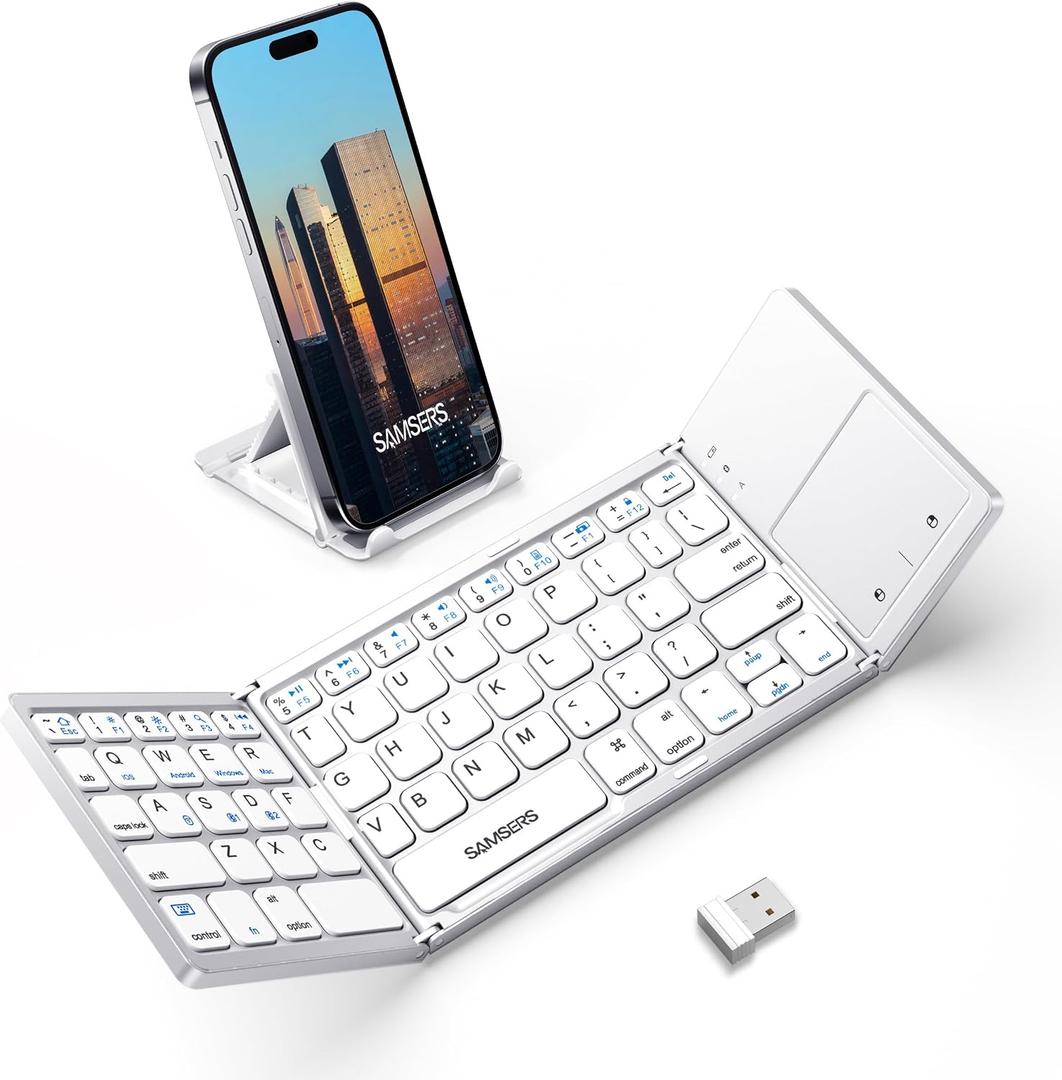 Samsers Multi-Device Foldable Bluetooth Keyboard with Touchpad, Rechargeable Folding Keyboard with Holder, Portable Travel for Android Windows iOS Mac OS, Support 3 Devices - Silver
