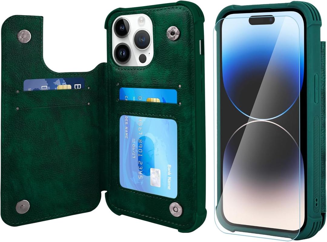 VANAVAGY Compatible with iPhone 14 Pro Max Wallet Case for Women and Men, Leather Flip Folio Phone Cover Fits Magnetic Car Mount with Credit Card Holder, Midnight Green
