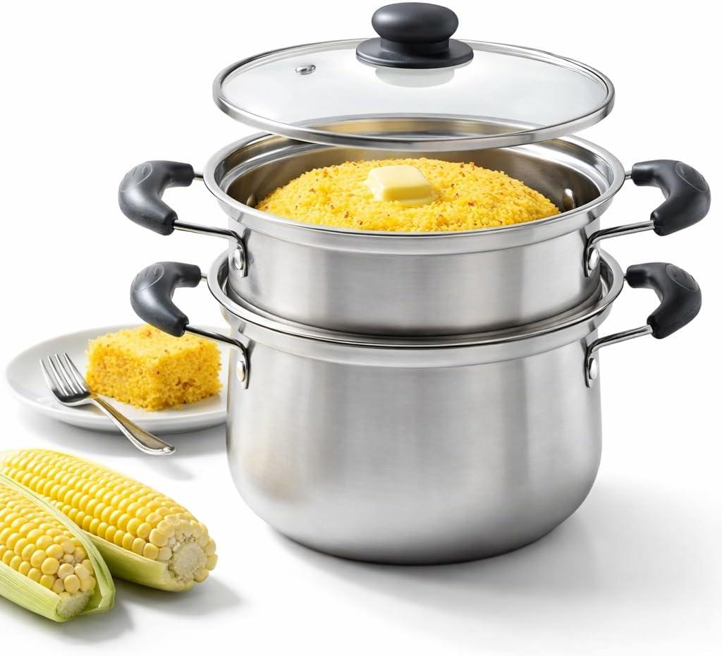 Cuscuzeira Brazilian Cuscuz Steamer Pot 2-Tier Stainless Steel Steamer for Couscous, Rice, Dumplings, and Vegetables Compact 18cm Cooker for Daily Meals, Apartments, and Small Households