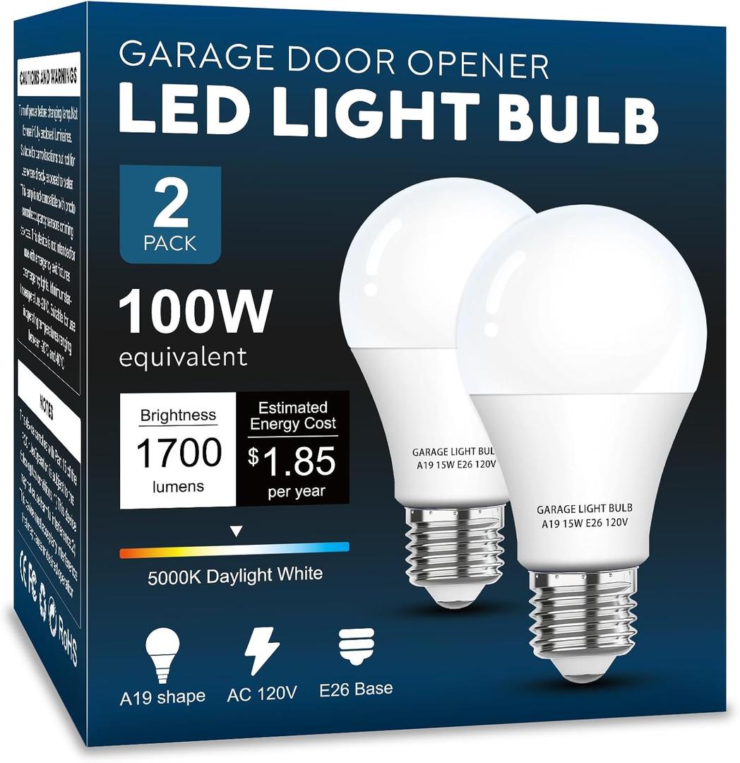 Garage Door Opener LED Light Bulb 2 Pack15W Equivalent to 100W Garage Light Bulb,A19 5000K Daylight White E26 Base 120V Outdoor Light Bulbs,Minimize Interference,Dimmable