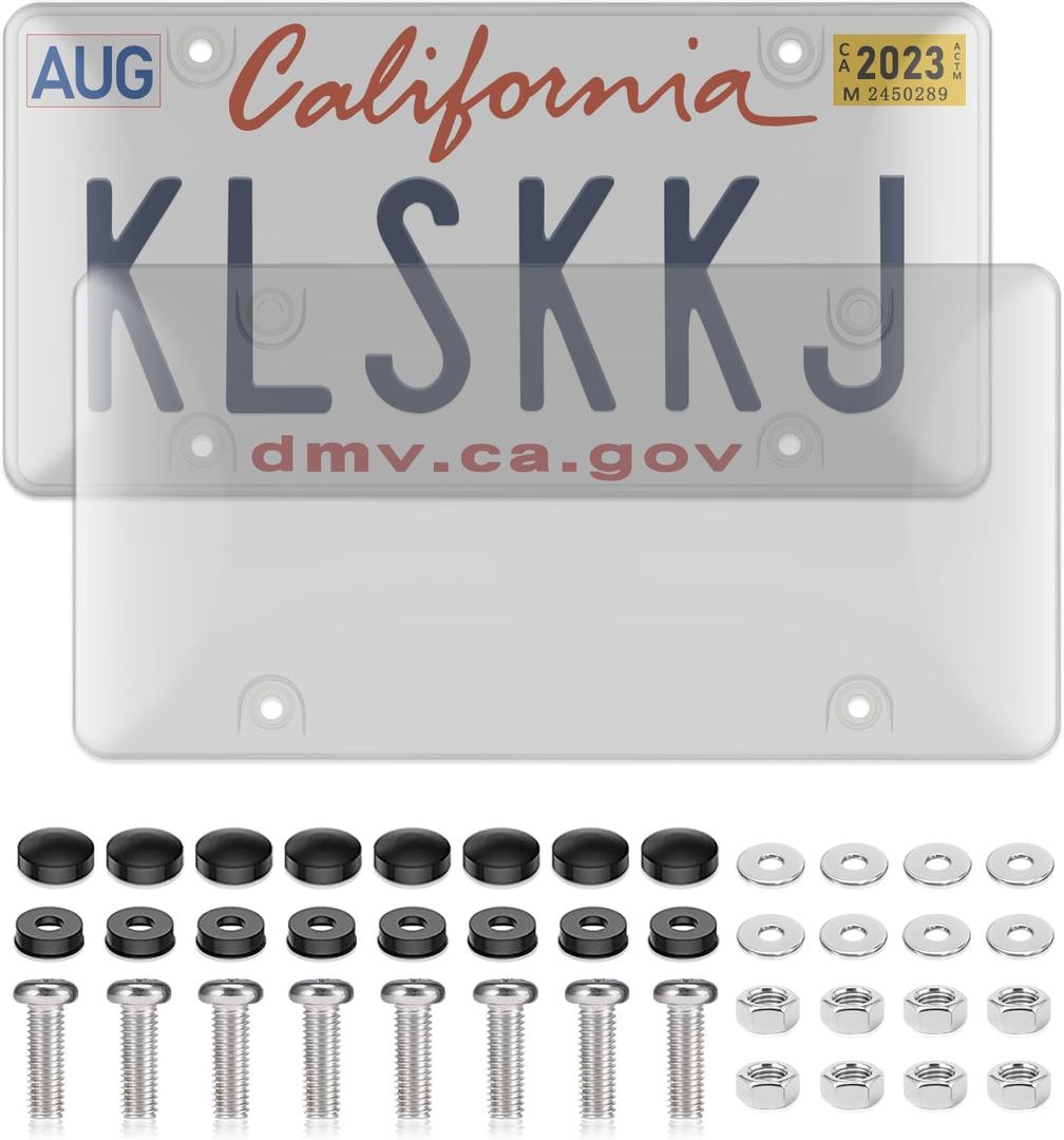 2 Pack License Plate Covers, Clear License Plate Protector Unbreakable Plastic Shields Tag Holder Fits Standard US Plate with Screws Caps