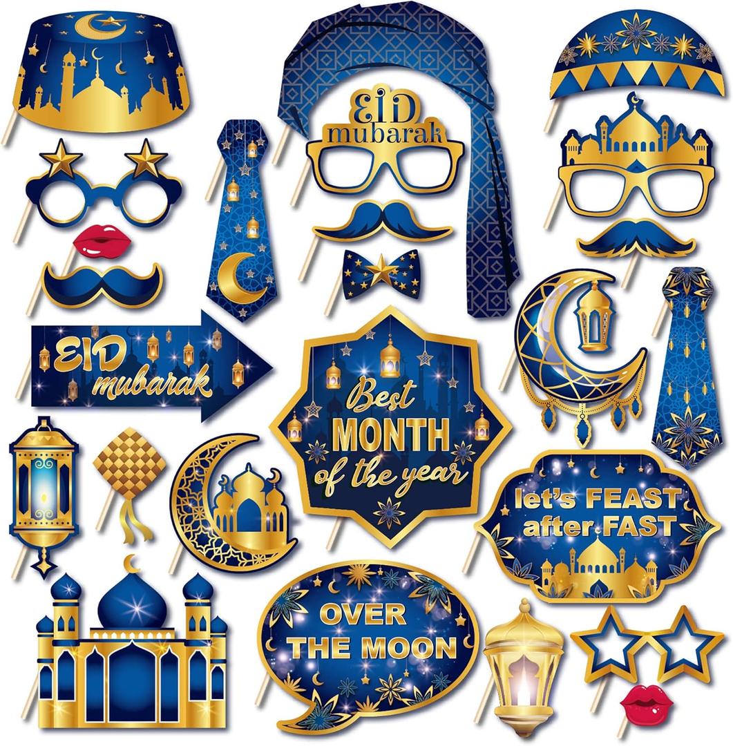 25PCS Eid Mubarak Photo Booth Props Party Supplies Muslim Islamic Ramadan Kareem Party Decoration(Blue)