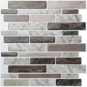 LONGKING Self-Adhesive Kitchen Backsplash, Marble Look Decorative Tiles (10 Tiles) (Multi) (Brown)
