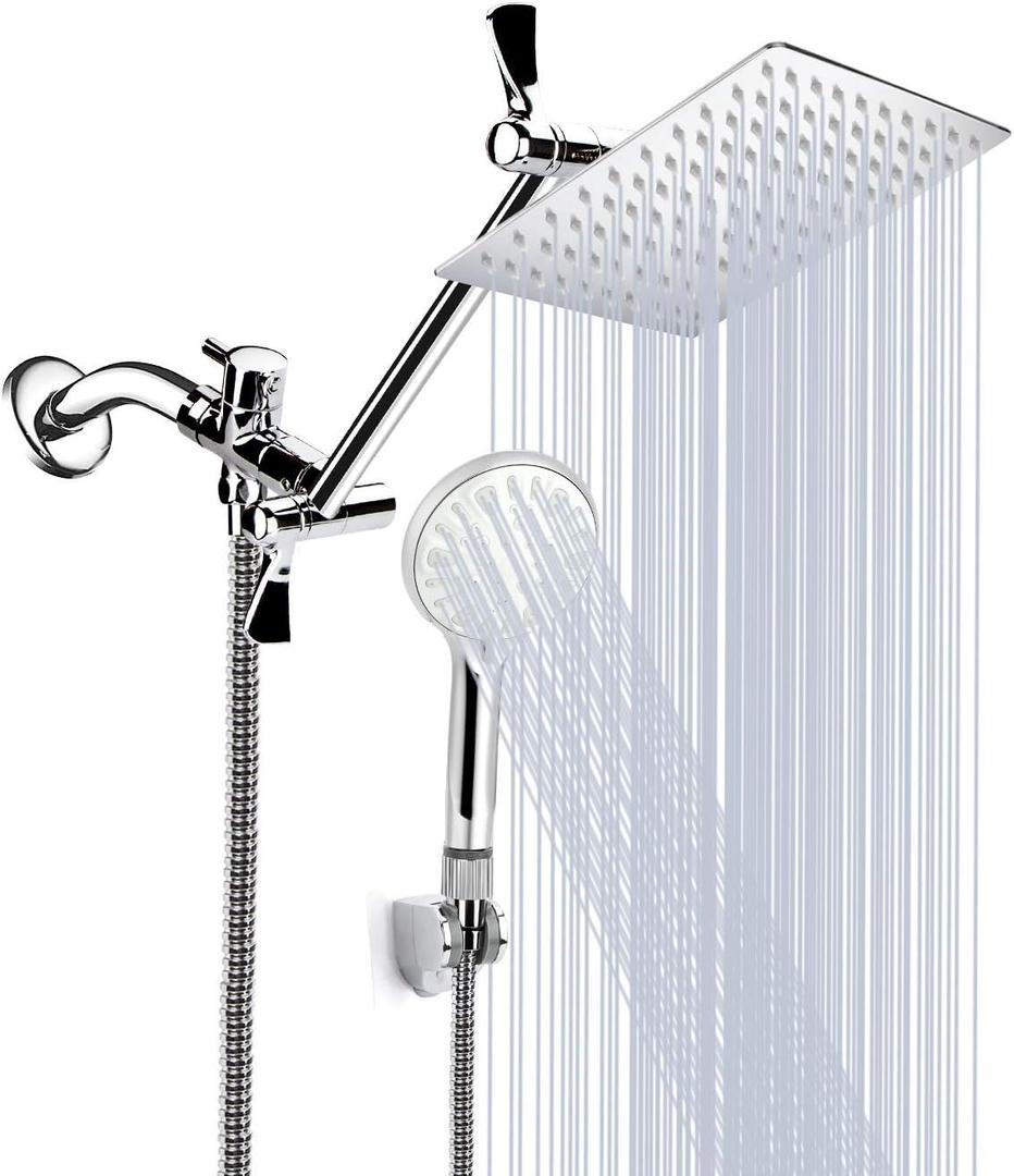 10 Inch High Pressure Rainfall Shower Head/Handheld Shower Combo with 11 Inch Extension Arm, 9 Settings Adjustable Anti-leak with Holder/Hose, Height/Angle Adjustable, Chrome