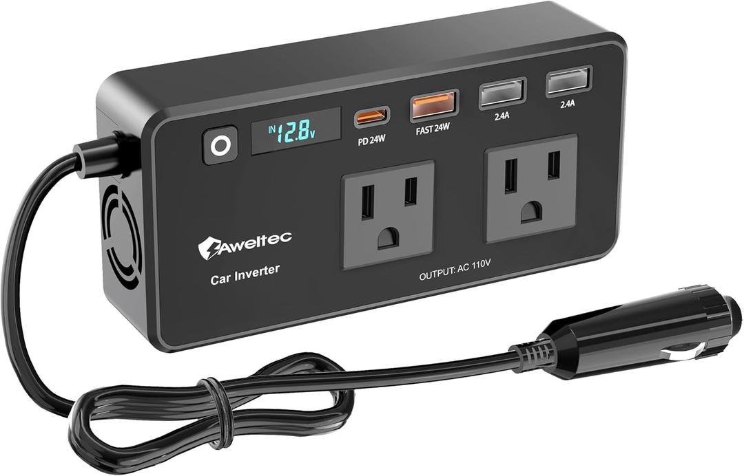 200W Power Inverter for Car DC 12V to 110V AC Converter with LED Display & 4 USB Ports (24W PD USB-C) Compact Vehicle Adapter for Laptop, Tablet, Phone Road Trip Essential
