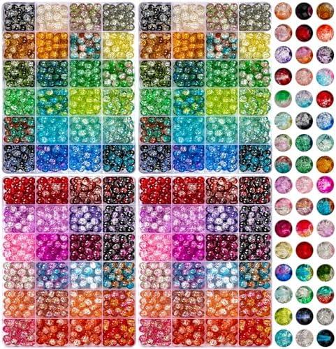 XSEINO 2400 Pieces 8mm Crack Glass Beads for Jewelry Making,48 Dazzling Colors Round Glass Beads for Making and DIY Crafts