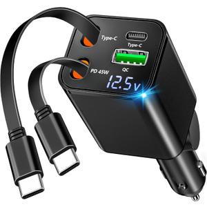 [Apple MFi Certified] Retractable Car Charger USB C, Braveridge 120W USB C Car Charger 4 in 1 PD/QC Type C Fast Charge Cigarette Lighter Adapter for iPhone 17/17 Pro Max/16 Pro/15/Galaxy S26/S25/Pixel