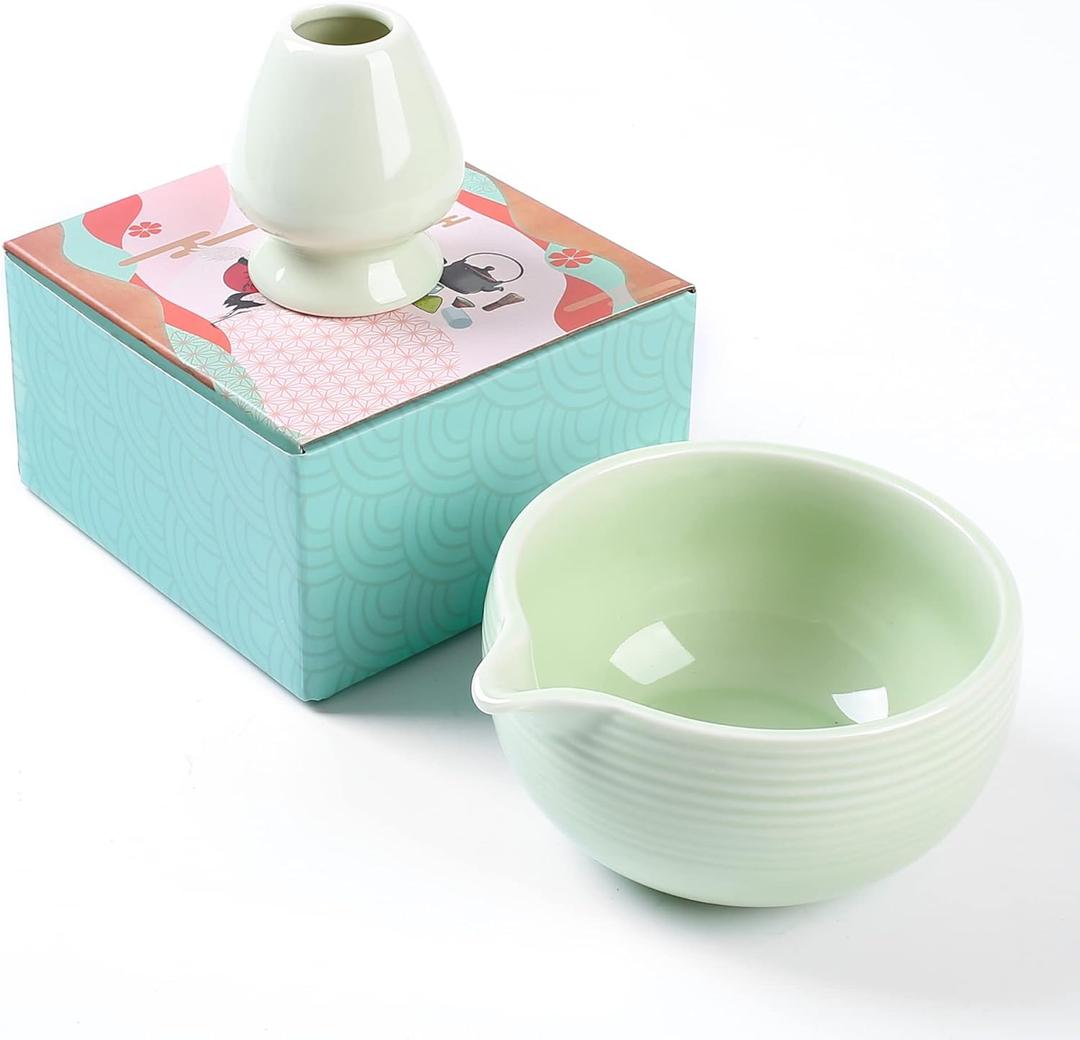Traditional Matcha Bowl and Whisk Rest (Reshaper) - Handmade Modern Ceramic Matcha Green Tea Ceremony Essential Matcha Kit- 22oz Big Salad Porridge Juice Bowl Cup (Apple Green)