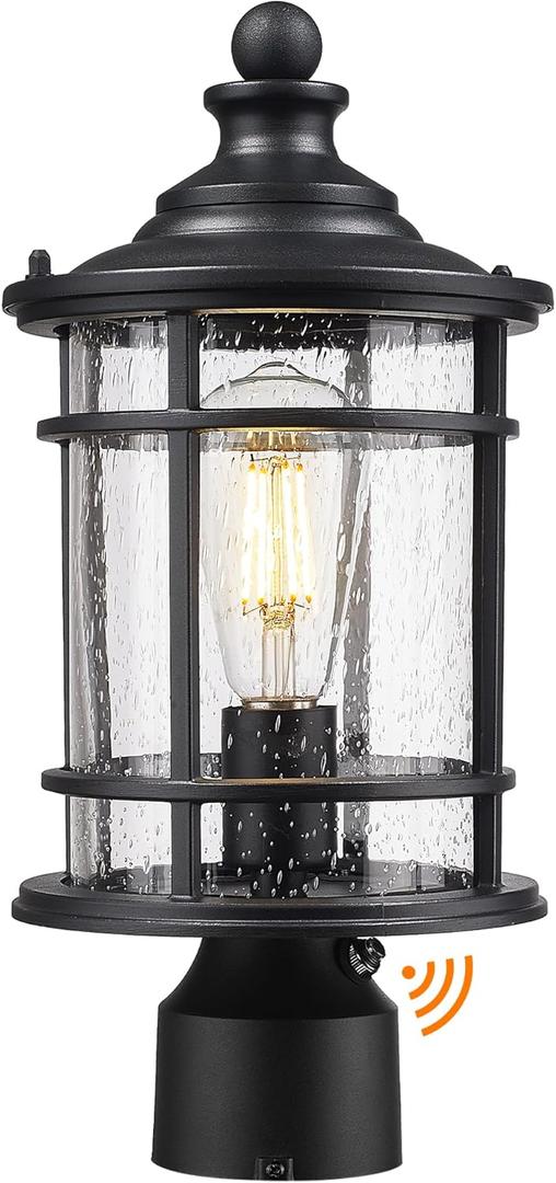 Emliviar 14.9 Inch Dusk to Dawn Outdoor Lamp Post Light, Black Pole Light Fixture with Photocell Sensor, Outdoor Post Lantern with Seeded Glass Shade, XE229P PC BK  Black - Seeded Glass, 14.9 Inch - Dusk to Dawn, 1