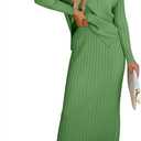 ANRABESS Women's 2 Piece Outfits Sweater Skirt Sets Casual Long Sleeve V Neck Ribbed Knit Tops Midi Dress 2025 Fall Fashion (Green, M)