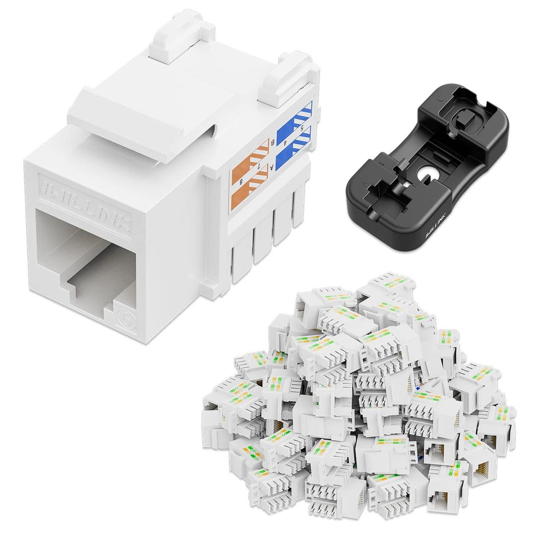 iwillink 10Gbps Cat6 Keystone Jack and Punch-Down Stand, 50-Pack, RJ45 Ethernet Keystone Jacks, 90-Degree UTP Modular Punch Down Keystone Jack Adapter, White