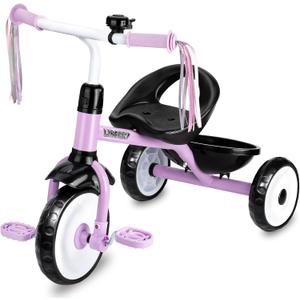Liberry Toddler Tricycle Age 2 3 4 Years Old, Kids Trike with Bell, Back Basket and Removable Pedal, 3 Wheel Bike Riding Toy Gift for Girls, Purple