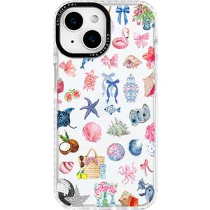for iPhone 14 Plus Case, Tropical Beach Collage Pattern with Flamingos, Military-Grade Drop Protection, Colorful Summery Soft Slim TPU Protective & Camera Protection for Women Girls (OceanCut)