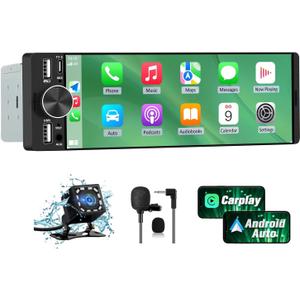 Pyniro 6.36" Single Din Car Stereo with Wireless CarPlay & Android Auto, IPS Touchscreen Head Unit with Backup Camera/ External Microphone, Car Radio Supports Bluetooth/ SWC/ FM/ Double USB/ Type-C