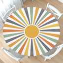 Boho Sun Round Fitted Tablecloth with Elastic Colorful Rainbow Stripe Circle Table Cloth for 40-44" Tables Summer Sunshine Retro Bohemian Wipeable Waterproof Table Cover for Farmhouse Picnic Party