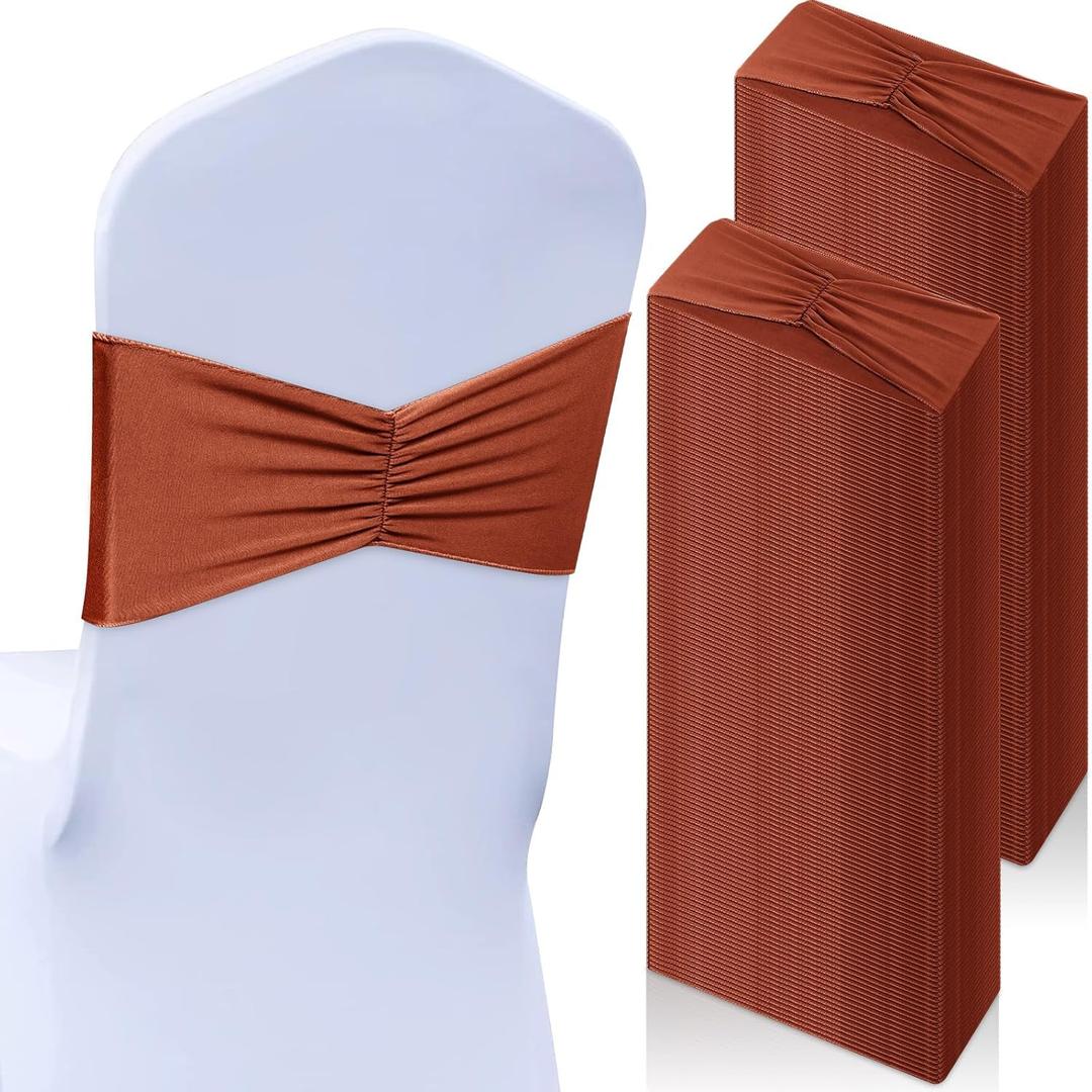 Moukeren 150 Pcs Spandex Chair Sashes Bows Bands Chair Covers Decorations Elastic Ribbon Seat Ties for Wedding Birthday Party Banquet Hotel Events Ceremony(Rust Red)
