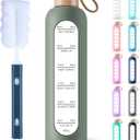 PROBTTL 32 Oz Borosilicate Glass Water Bottle with Time Marker Reminder Quotes, 1 Liter Leak Proof Reusable BPA Free Motivational Water Bottles with Silicone Sleeve and Bamboo Lid (Olive)