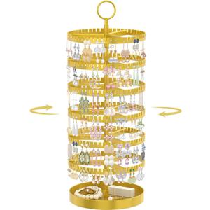 iDavosic.ly 6 Tier Rotating Earring Holder Organizer with Metal Tray, Adjustable Plastic Dangle Display Stands Tree with 342 Grooves, Large Hoop Storage Rack Tower, Gold