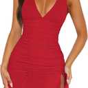 Women Sexy Halter Deep V Neck Ruched Bodycon Dress Summer Side Slit Mesh Hem Cocktail Club Party Short Mini Dresses (Red, M)