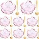 Set of 8 Pink Cherry Blossom Glass Bowls with Flower Spoons, Sakura Sauce Dishes Seasoning Little Bowl Japanese Flower Crystal Glass Appetizer Plates for Dipping Ice Cream(Gold Rim)