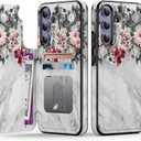 Goodon for Samsung Galaxy S24 Case Wallet - Flip Folio Leather Cover with Trendy Floral Design, 3 Card Slots & Kickstand Function, Protective Phone Case for Women and Girls - Flowers and Grey Marble