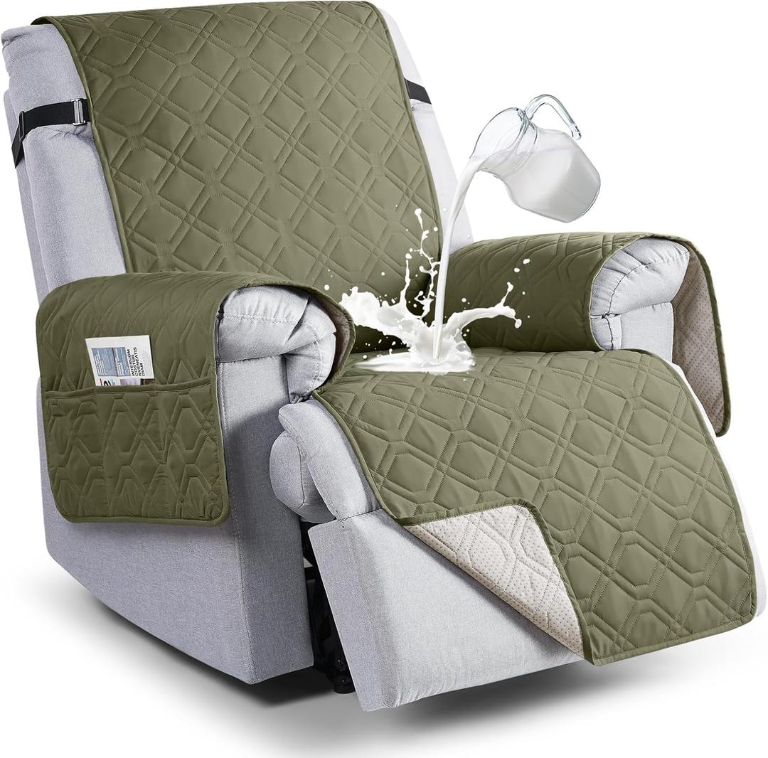VANSOFY 100% Waterproof Recliner Chair Covers, Recliner Cover Non-Slip Dog Chair Cover Furniture Protector Washable Slipcover with Pocket, Elastic Straps for Pets, Dogs(Olive Green, 30")