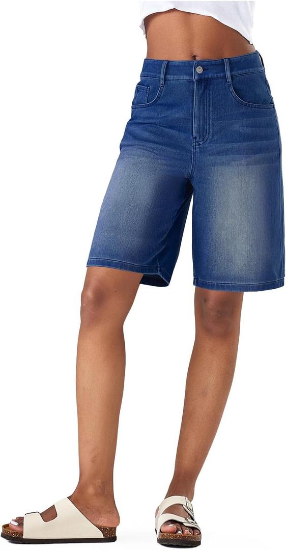 Fanica Stretchy Denim Bermuda Shorts for Women (Blue, M)