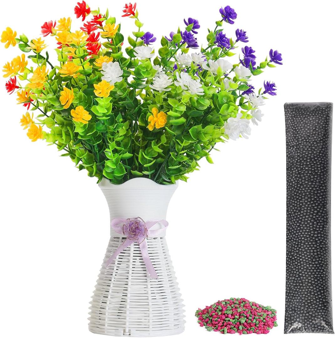 2 x 4-in-1 Artificial Flower Vase Set-2 Red&2 Yellow Lavender Stems with Plastic Vase, Odor Absorber Beads and Lavender Scented Corn Cob for Air Refresh Incense