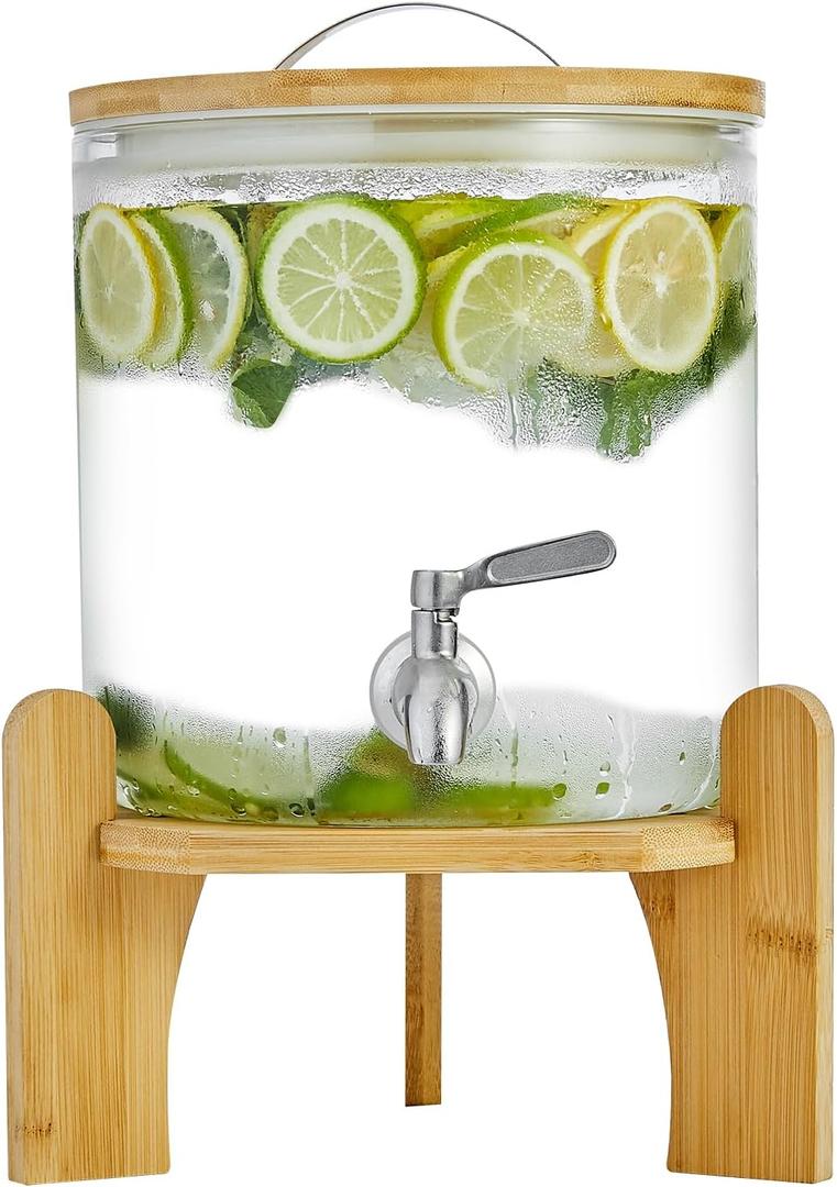 Beverage Dispenser 1.5 Gallon with Spigot Glass Water Dispenser for Parties, Bars, Restaurants (5Lwith Wood Stand Drink Dispensers