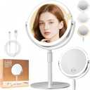 1X/10X Magnifying Makeup Mirror with Lights,USB Rechargeable 8" Dual-Sided Vanity Mirror with 3 Color Lights,360 Rotation, Adjustable Height, Travel Cosmetic Mirror for Women, Gift for Her