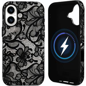 for iPhone 16 Case [Compatible with Magsafe] Lace Phone Case Vintage Floral Flower Dual-Layer Protective Shockproof Magnetic Cover for Women Girls - Black