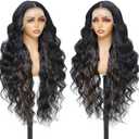 FABÉLLE Long Wavy Wig Black with Light Brown 13 * 6 Transparent HD Front Lace Wigs 32 Inches Body Wave Style Hair Synthetic Wig Heat-resistant Fiber for Various Hairstyles
