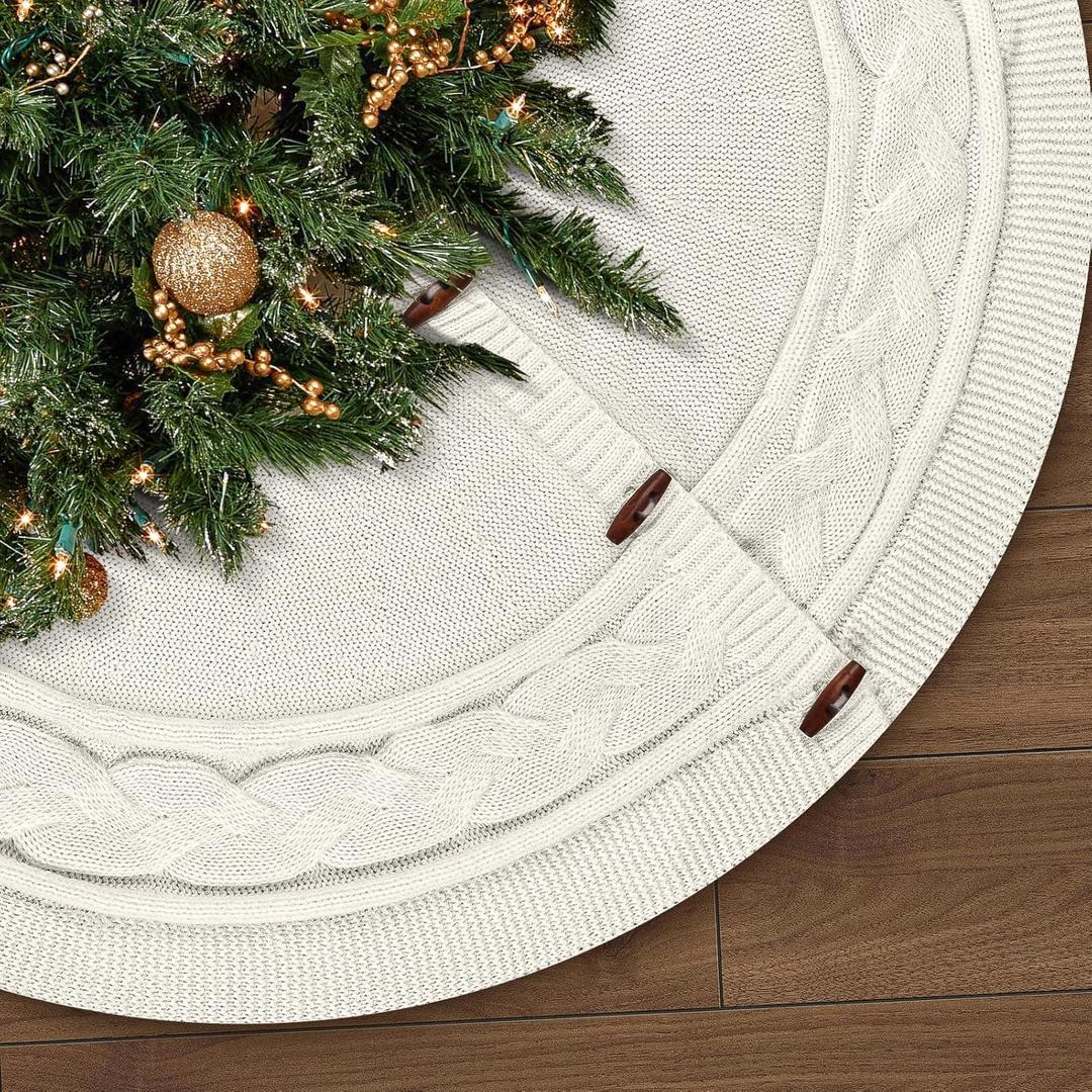 KCFESTIHUE Christmas Tree Skirt, 48 Inch Rustic Holiday Decorations with Cable Knit Pattern, Thick Knitted Christmas Skirt for Farmhouse Holiday Decor, White