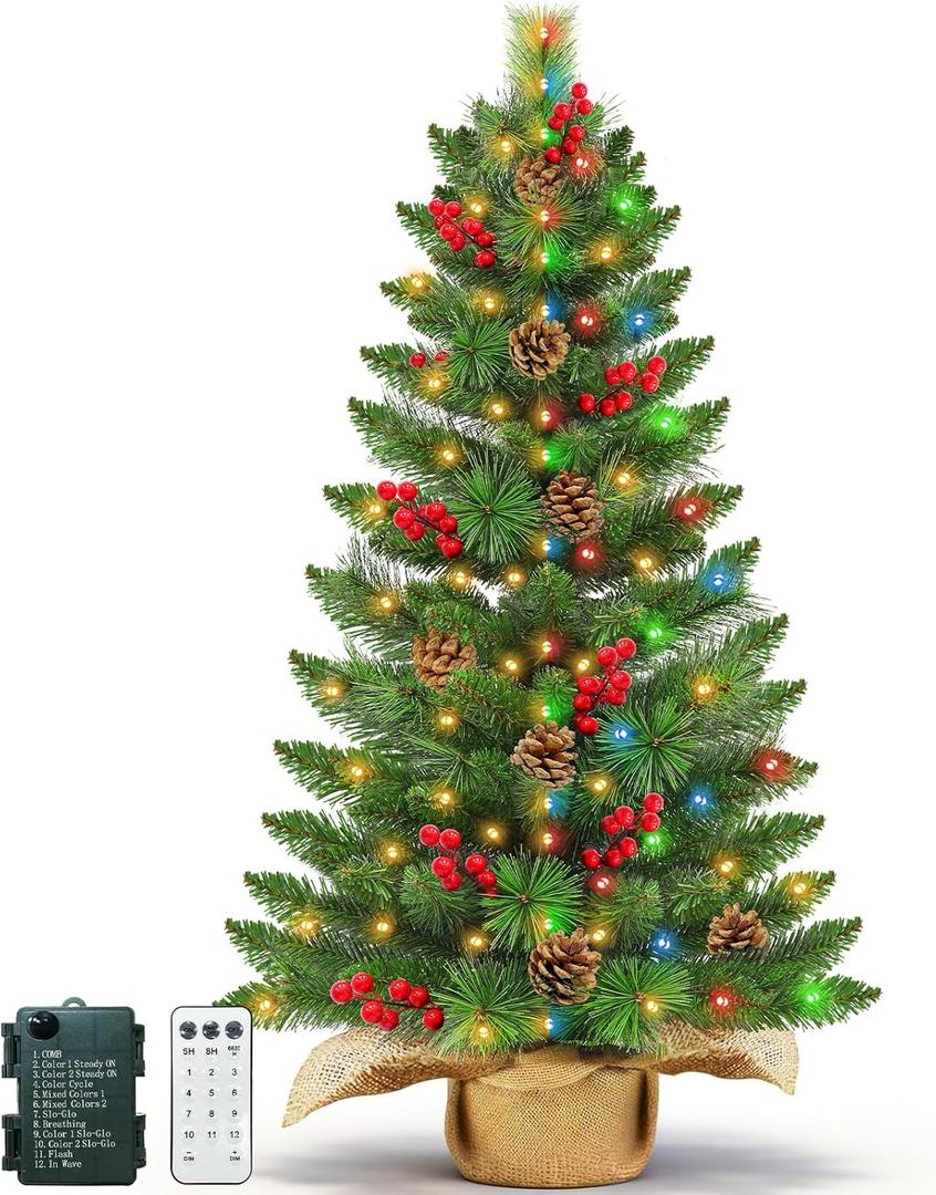 3 Ft Artificial Small Mini Christmas Tree with Dual Color Warm White & Colorful Lights, Tabletop Christmas Tree Battery Operated Pinecones Red Berries, Remote Control, 12 Modes Timer, Burlap Base