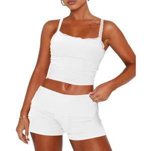 RUEWEY Womens Lace Trim Pajama Sets Sleeveless Crop Top and Fold Over Shorts 2 Piece Lounge Set PJ Set Tracksuit Outfits (Medium, White)