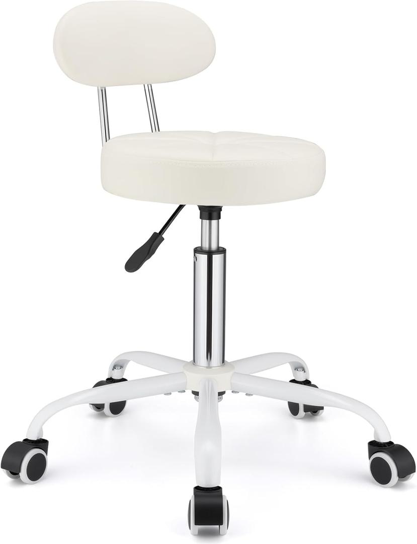 FNZIR PU Leather Rolling Stool with Back Support Height Adjustable Swivel Stool Chair with Wheels Drafting Chair for Spa Slaon Massage Stable Base Foot White