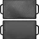 GGC Cast Iron Reversible Griddle, Double-sided Griddle Pan for Indoor and Outdoor Cooking, 15 x 9 Griddle Plate with Flat and Ribbed Side for Stove Tops, Gas Grills and Camping