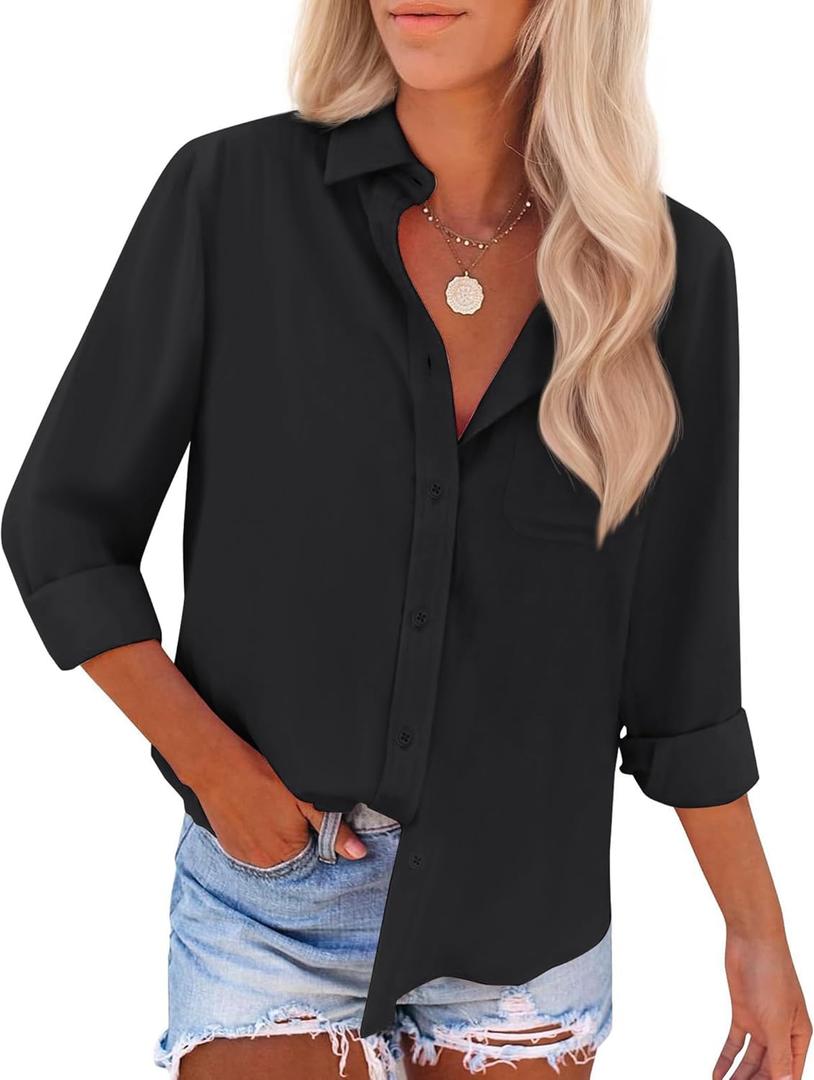 siliteelon Button Down Shirts for Women Wrinkle Free Long Sleeve Shirts Dress Shirts Work Office Blouse Tops with Pocket (Medium, Black)