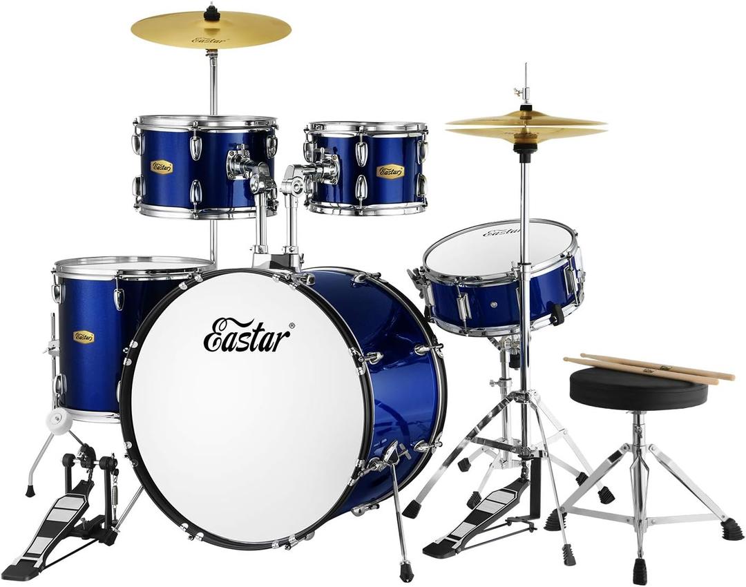 Drum Set Eastar 22 inch for Adults, 5 Piece Full Size Drum Kit Junior Beginner with Pedal Cymbals Stands Stool and Sticks, Metallic Blue (EB0336)