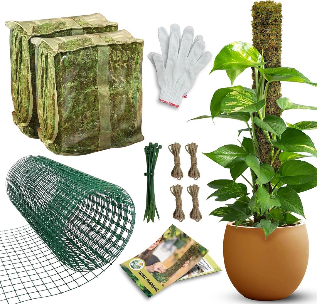 DUSPRO DIY Moss Pole Kit, Metal Moss Pole for Plant Monstera, Pothos, Philodendron, 1pc 8.6 x 6.5 ft Wire Moss Pole Mesh with Forest Moss, Cable Zip Ties, Gloves